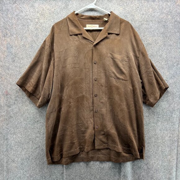 Tommy Bahama Shirt Men XL Brown Button Down Reverse Dress Silk Pocket Camp Palms - Picture 1 of 9